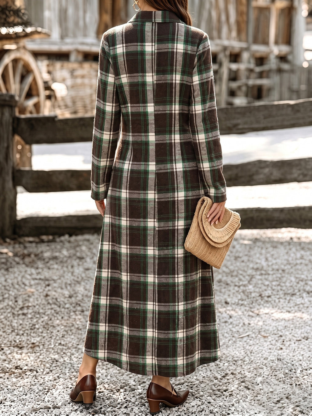 Women'S Vintage Plaid Jacquard Shirt Dress, British Style Casual Long Dress, Thin Long Coat - Green & Brown