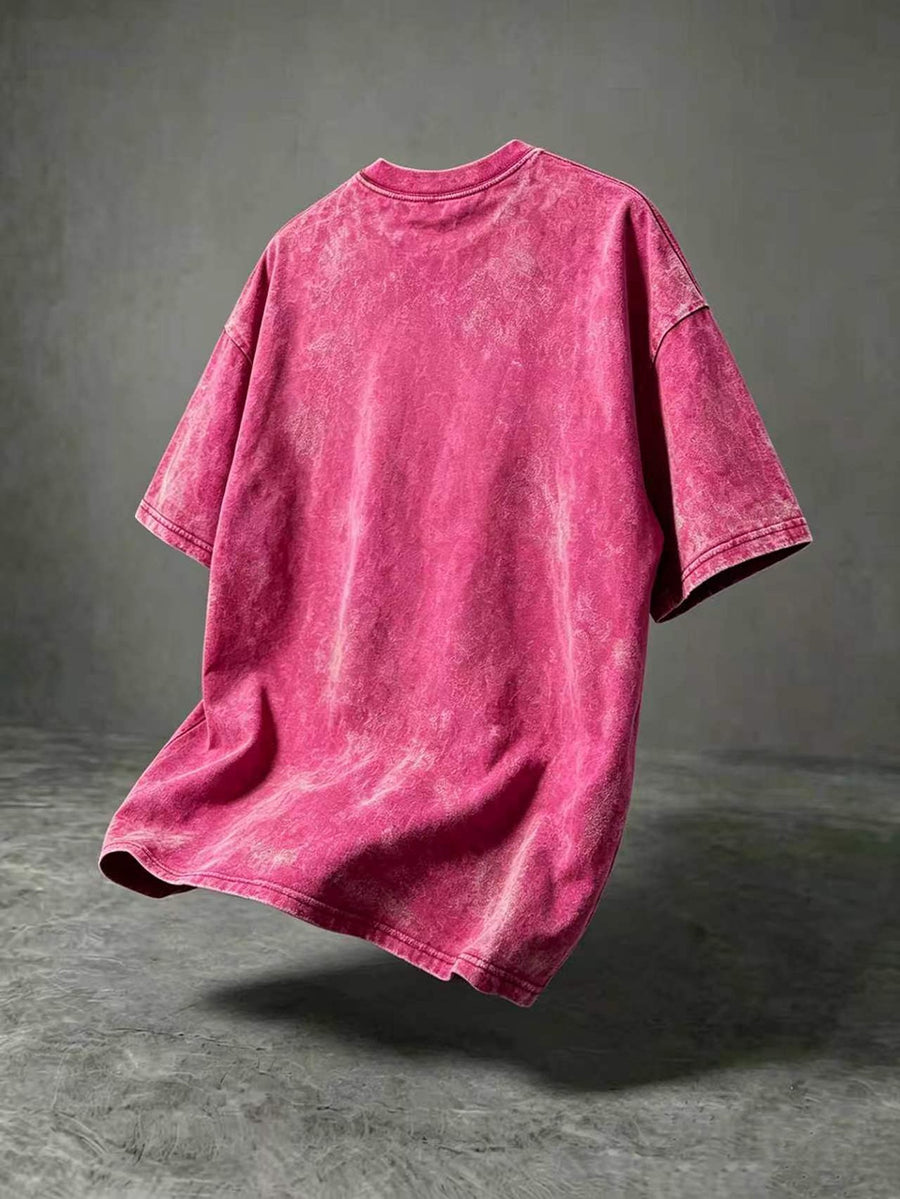 'Superman' Logo Pattern T-shirt, Cracked S Shield Print, Vintage Washed Short-sleeved Round-neck Shirt, Retro Casual Street Style, Suitable for Summer, Daily Wear, Movies and Fan Events - Rose Red