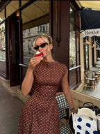 New Women's Polka Dot Maxi Dress, Waist-Cinching Style, Elegant French-Style Dress - Dark Brown