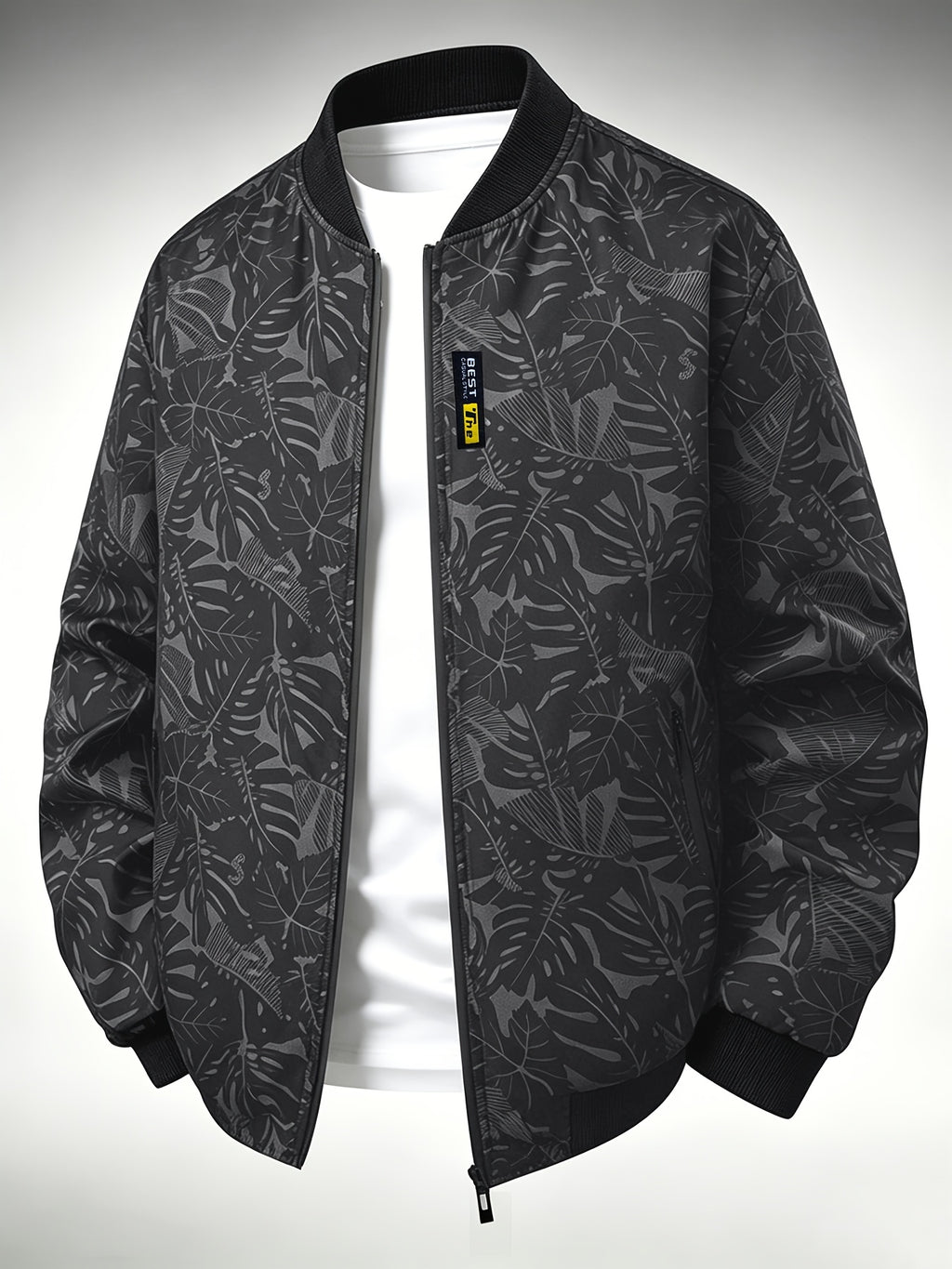 Men's Baseball Collar Print Casual Jacket, Outdoor Windproof Coat with Zipper Pockets Warm Soft Jacket - Black