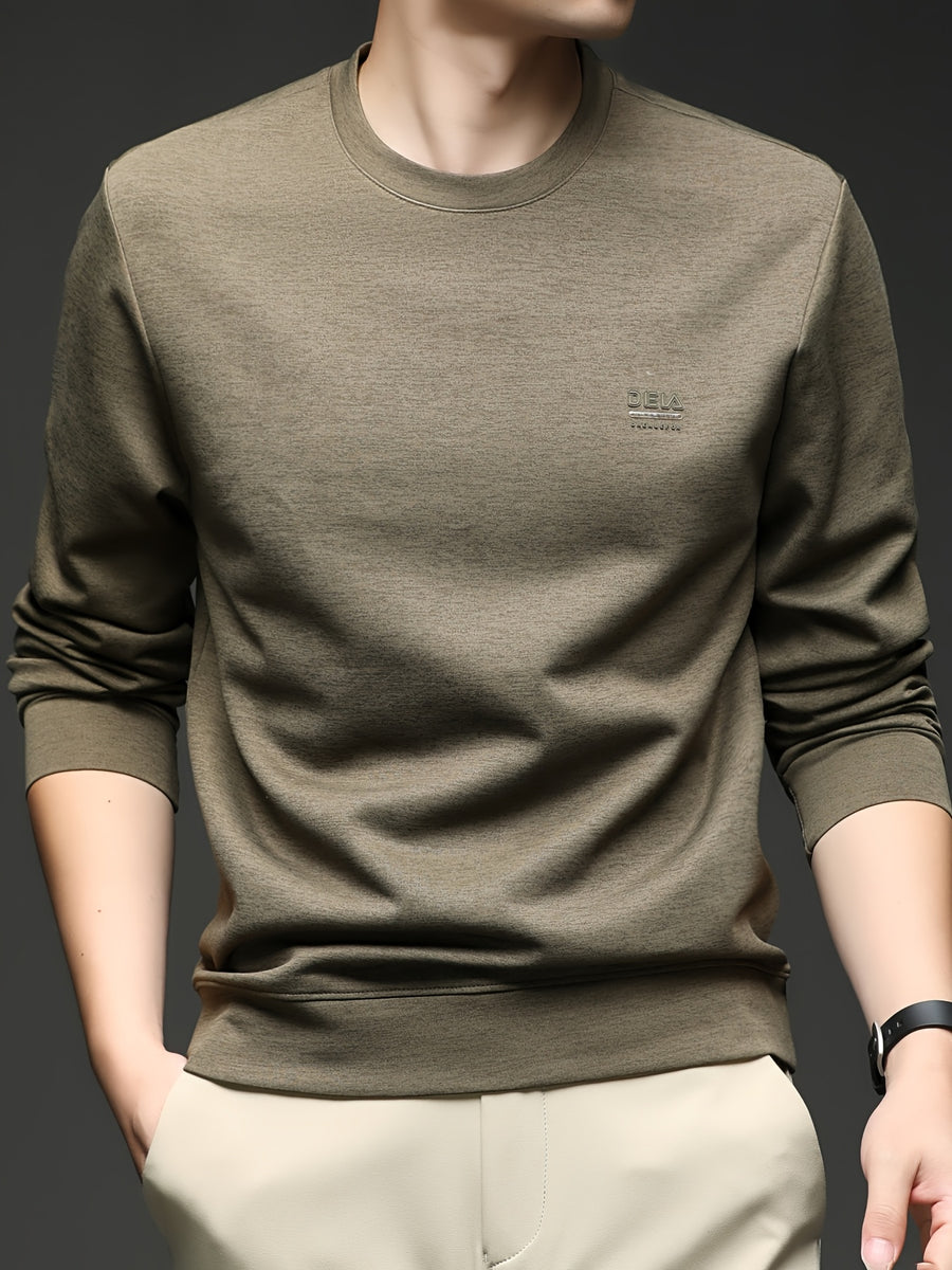 [Saa Xing OBM] 1pc Spring/Autumn New Men'S Sweatshirt, Solid Color Round Neck Long Sleeve Men'S Business Casual Fashion Breathable All-Match Pullover Base Layer Top, Suitable for Spring And Autumn, Single Wear Or Inner Layer, Fits Daily And Casual - Mocha