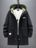 Men's Mid-Length Solid Color Hooded Trench Coat for Autumn and Winter, Suitable for Outdoor Daily Casual Fashion, Available in Black and Green - Black