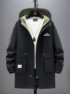 Men's Mid-Length Solid Color Hooded Trench Coat for Autumn and Winter, Suitable for Outdoor Daily Casual Fashion, Available in Black and Green - Black