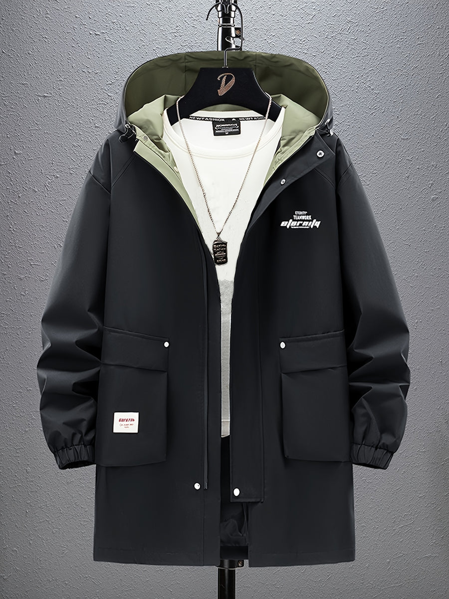 Men's Mid-Length Solid Color Hooded Trench Coat for Autumn and Winter, Suitable for Outdoor Daily Casual Fashion, Available in Black and Green - Black