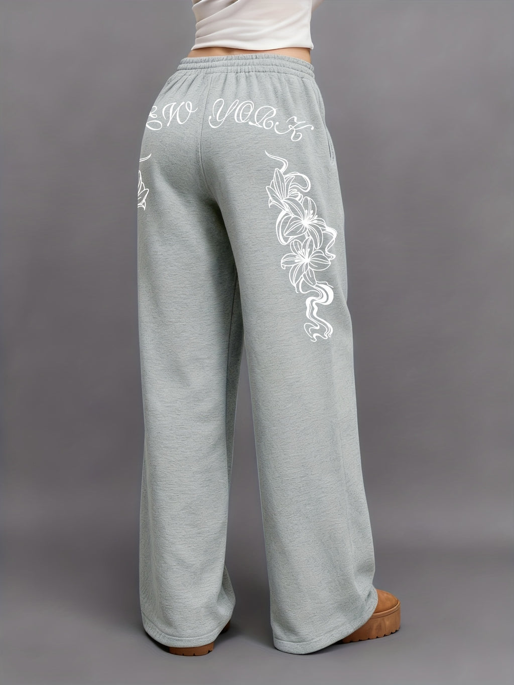 Slant Pocket Joggers Autumn Winter Trendy Brand Letter Print Pattern Straight Leg Trousers American High Street Wide Leg Pants Floor Length Trousers Ins Style Y2K - Light Grey