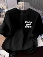Front And Back Printed Women'S Fashion Base Print T-Shirt, Soft And Versatile, Casual Style Printed Pattern with RELAX HABIBI Lettering And Hand Gesture Design Printed Short Sleeve T-Shirt, Suitable for Casual Wear, Fashion All-Season Top - Black
