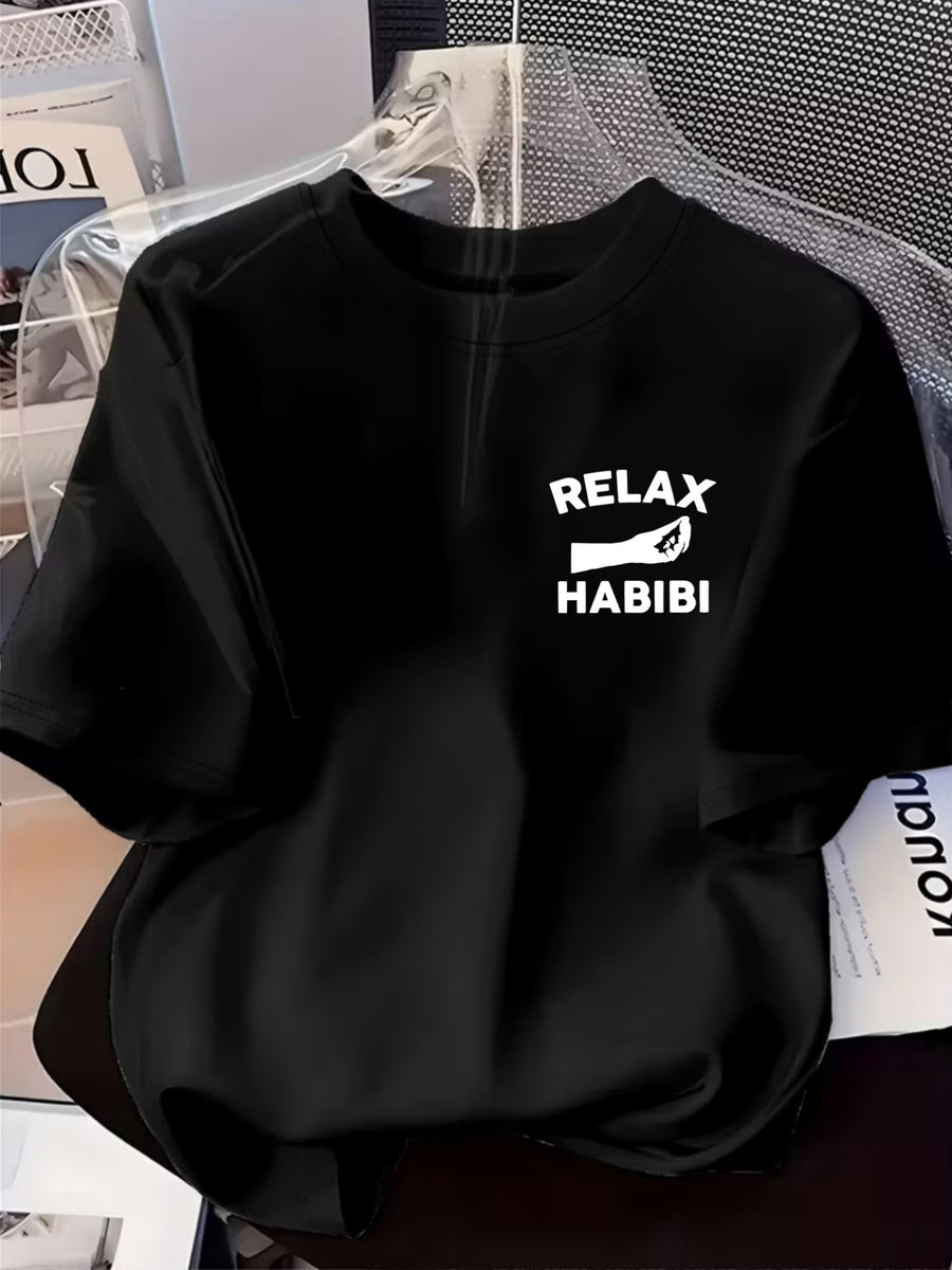 Front And Back Printed Women'S Fashion Base Print T-Shirt, Soft And Versatile, Casual Style Printed Pattern with RELAX HABIBI Lettering And Hand Gesture Design Printed Short Sleeve T-Shirt, Suitable for Casual Wear, Fashion All-Season Top - Black