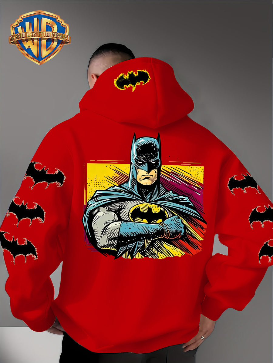 Men'S Hooded Sweatshirt, Batman Classic Image Print, Large Heroic Pattern on Back, Multiple Bat Logos on Sleeves, Exclusive Bat Emblem on Back of Hood, Trendy Street Style Design, Rich Details with Strong Visual Impact - Red