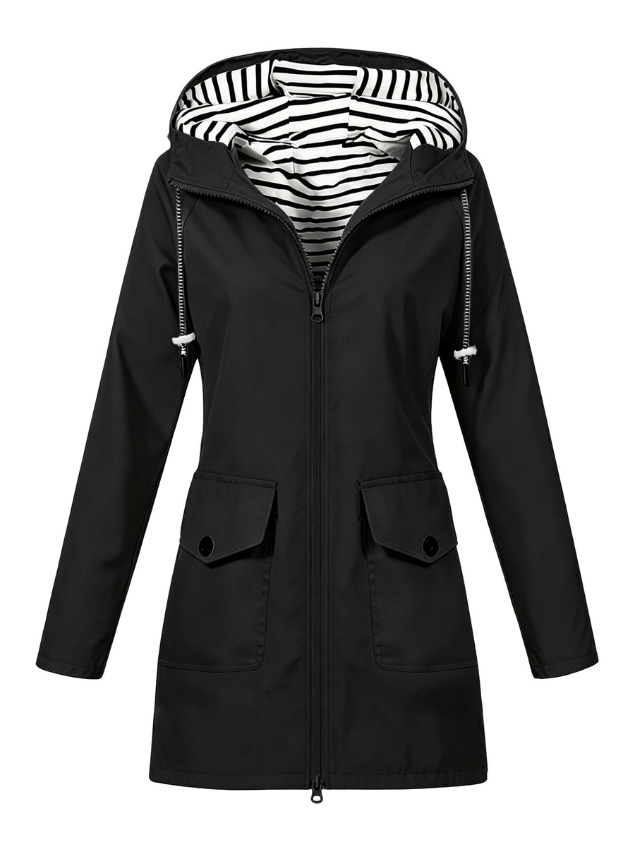 Women'S Hooded Outdoor Pocket Zipper Casual Mid-Length Trench Coat - Black