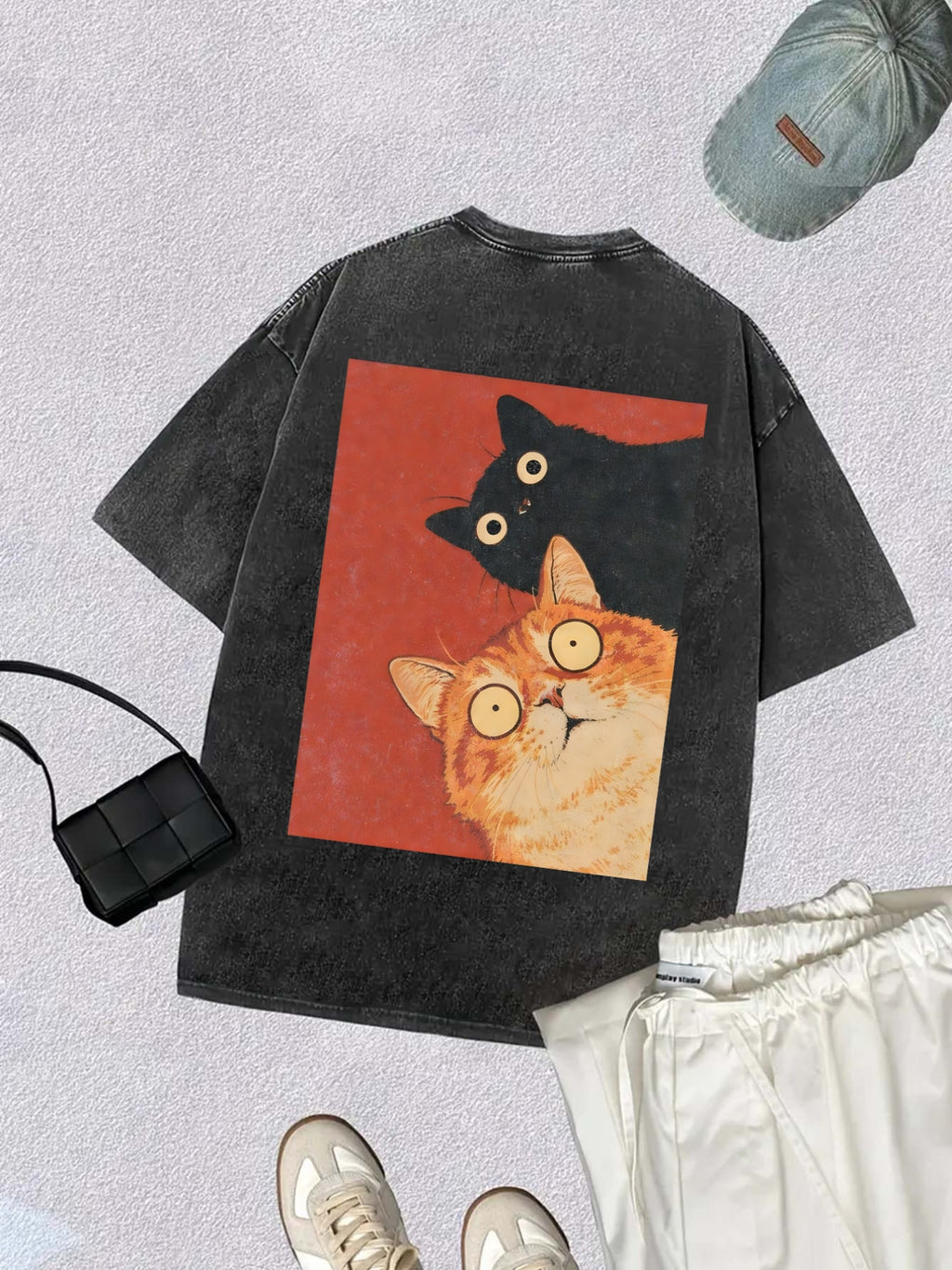 A Round-neck Short-sleeved T-shirt with a  Cartoon Cat Design That Echoes Front and Back. It Features a , Loose Fit with Dropped Shoulders, a Washed and Vintage Finish. Made of Blend Fabric, It Is Slightly Stretchy and Breathable, - Deep Grey