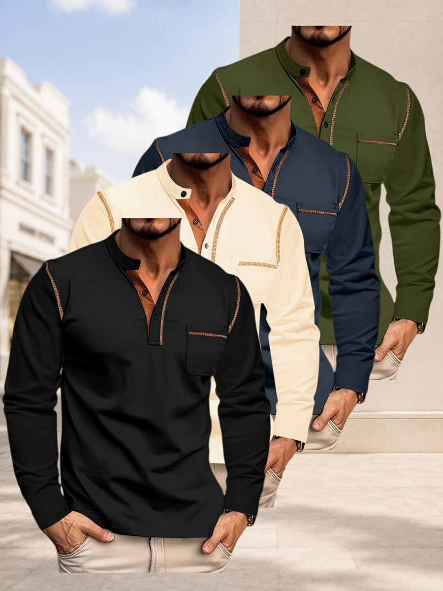 [JOSHIMAI OBM] 4pcs Men'S Long Sleeve Henley Shirts, Soft Comfortable Skin-Friendly Fabric, Lightweight Breathable Easy Care Stand Collar 3-Button Placket with Chest Pocket Detail, Solid Color Casual Top, Versatile for Office Commute - Black + Khaki + Navy Blue + Army Green