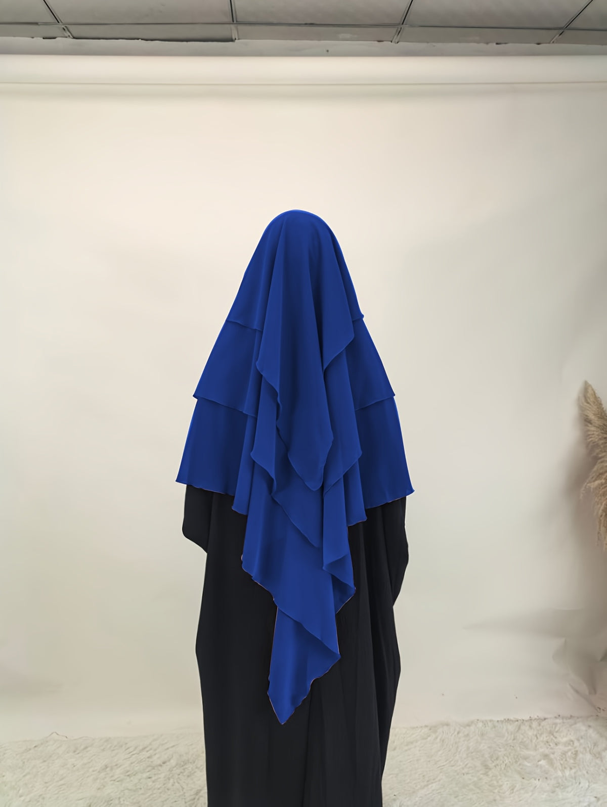 1pc Fashionable, Elegant and Casual Three-layer Chiffon Fabric Solid Color Suitable for Daily Wear, Loose and Comfortable Women's Abaya Headscarf, Women Wedding Robe Aid Femme Abayas for Women Muslim Jilbab Femme Khimar - Royal Blue