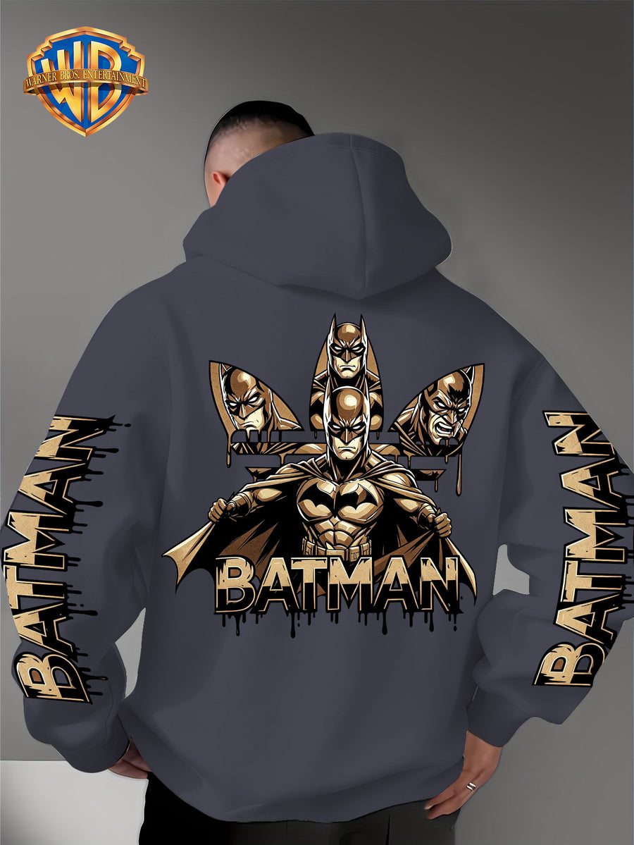 Warner Bros. Official Men's Hooded Sweatshirt - 1pc, Batman BATMAN Vintage Black and Golden Drip Lettering Creative Print, Trendy and Cool DC Superhero IP Graphic Hoodie, Skin-Friendly, Comfortable, and Warm Fabric, Kangaroo Pocket with Ribbed Cuffs - Dark Gray