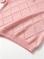 Men's Polo Collar Short Sleeve Knit Shirt, Textured Knit Top, V-Neck Lapel, Breathable Casual Pullover - Pink Color