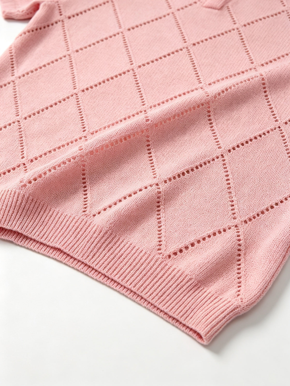 Men's Polo Collar Short Sleeve Knit Shirt, Textured Knit Top, V-Neck Lapel, Breathable Casual Pullover - Pink Color