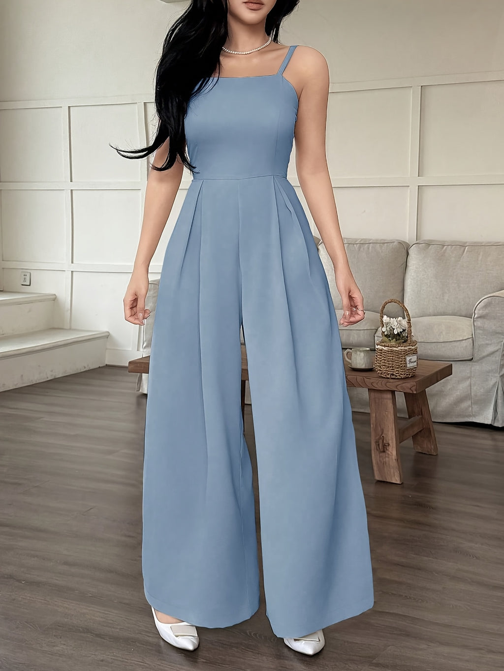 Wide-Leg Loose Solid Color with Ruched Design, Suitable for Summer Women'S Casual Wear - Light Blue