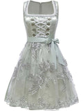 Satin Jacquard Holiday Party Dress, Women'S Sleeveless Square Neck Tie-String Silver Thread Floral Mesh Dress, Inner Layer Not Included - Gray Green