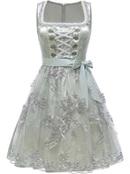 Satin Jacquard Holiday Party Dress, Women'S Sleeveless Square Neck Tie-String Silver Thread Floral Mesh Dress, Inner Layer Not Included - Gray Green