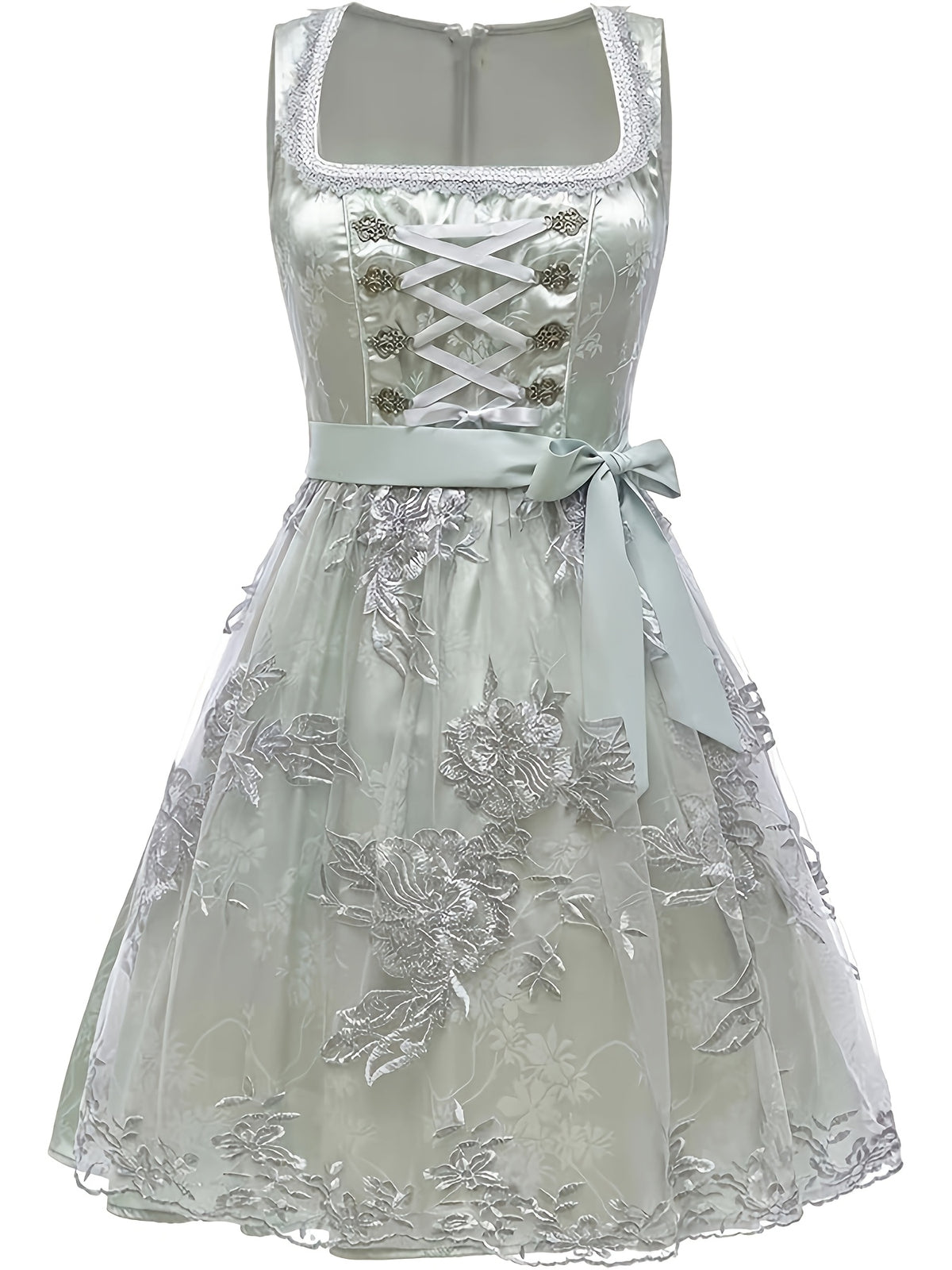 Satin Jacquard Holiday Party Dress, Women'S Sleeveless Square Neck Tie-String Silver Thread Floral Mesh Dress, Inner Layer Not Included - Gray Green