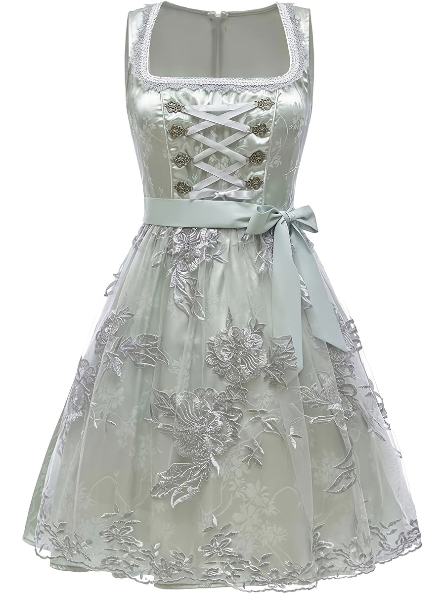 Satin Jacquard Holiday Party Dress, Women'S Sleeveless Square Neck Tie-String Silver Thread Floral Mesh Dress, Inner Layer Not Included - Gray Green