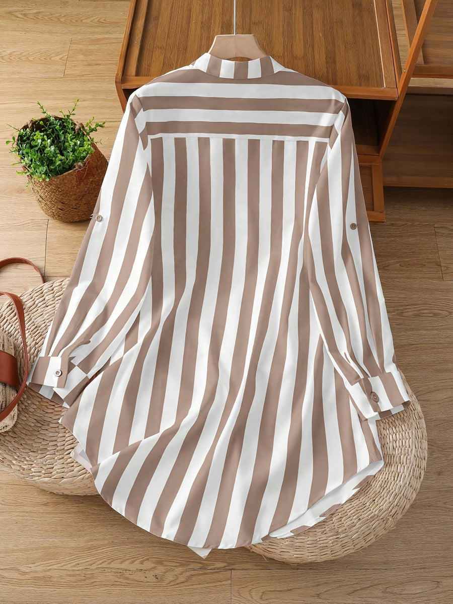 Women's Fashion Striped Long Shirt - Camel