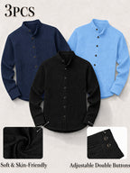 [Zhiyu'S OBM] 3pcs Men'S Long Sleeve Casual Shirt Set, Easy Solid Colors, Stand-Up Collar Design, Lightweight Breathable Fabric with Double-Button Adjustable Cuffs, Switch Between Loose And Tight Comfort, Perfect for Beach Vacations, Pool Parties - Black navy light blue