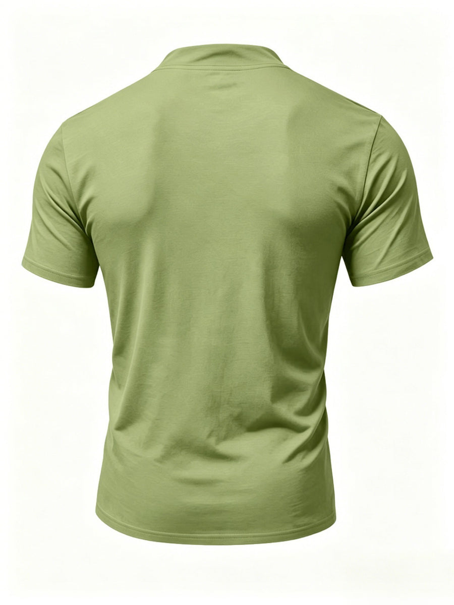 Summer Men'S Fashion Lace-Up Henley Short Sleeve Print T-Shirt, Mandarin Collar Top, Fitness Workout Training Short Sleeve - Light Green