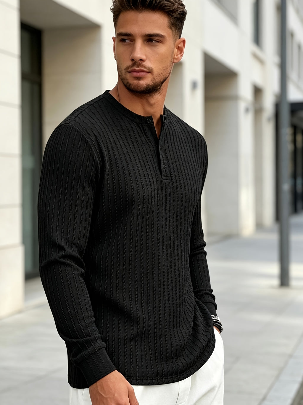 Men'S New Knit Retro Stretch Top, Textured Casual Loose Commuter All-Match Long Sleeve Henley Shirt - Black