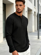 Men'S New Knit Retro Stretch Top, Textured Casual Loose Commuter All-Match Long Sleeve Henley Shirt - Black