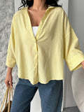 Fashion Spring Summer Women'S Off-Shoulder Puff Sleeve Button-Up Elegant Loose Shirt Lapel - Lemon Yellow