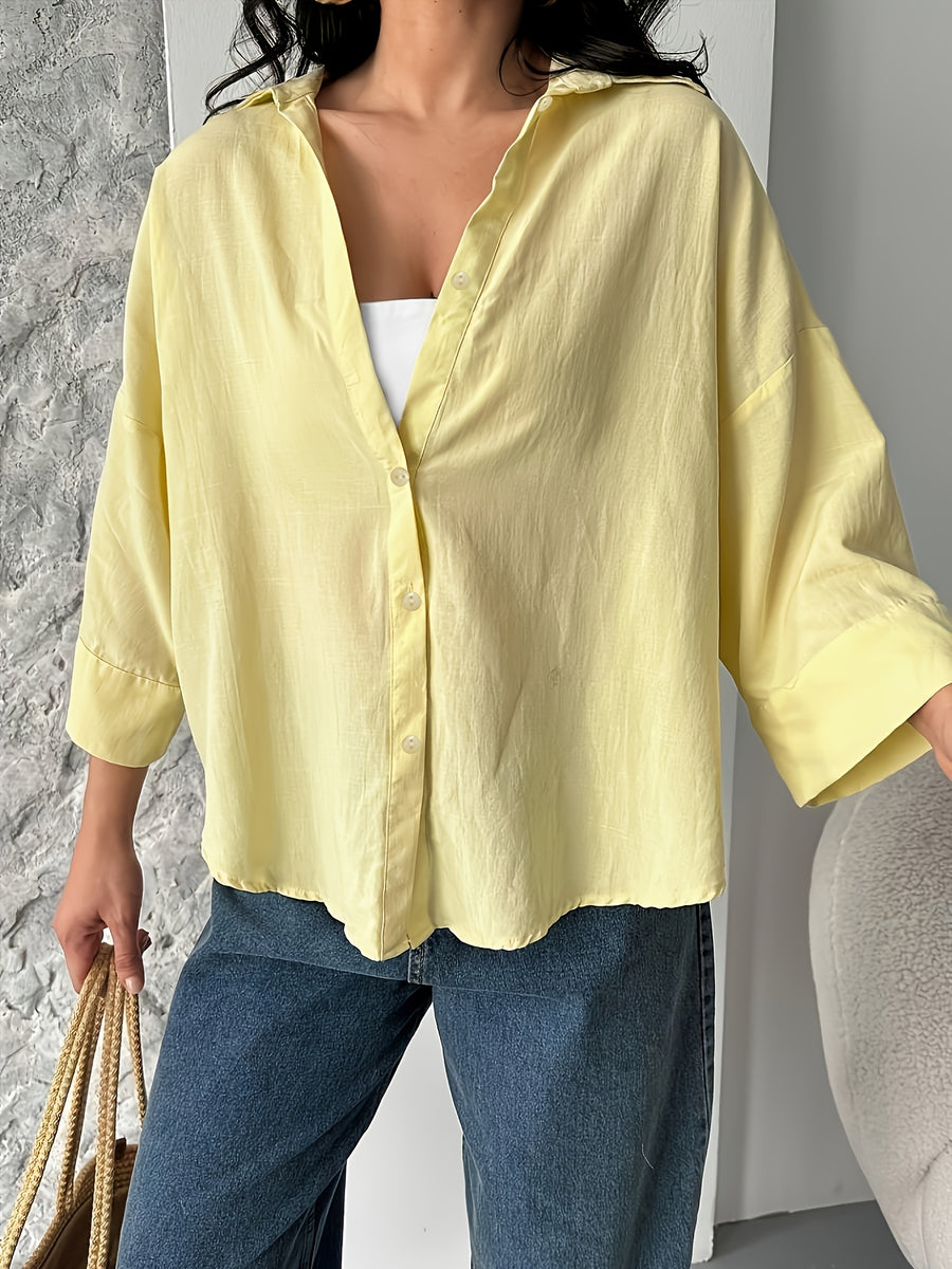 Fashion Spring Summer Women'S Off-Shoulder Puff Sleeve Button-Up Elegant Loose Shirt Lapel - Lemon Yellow
