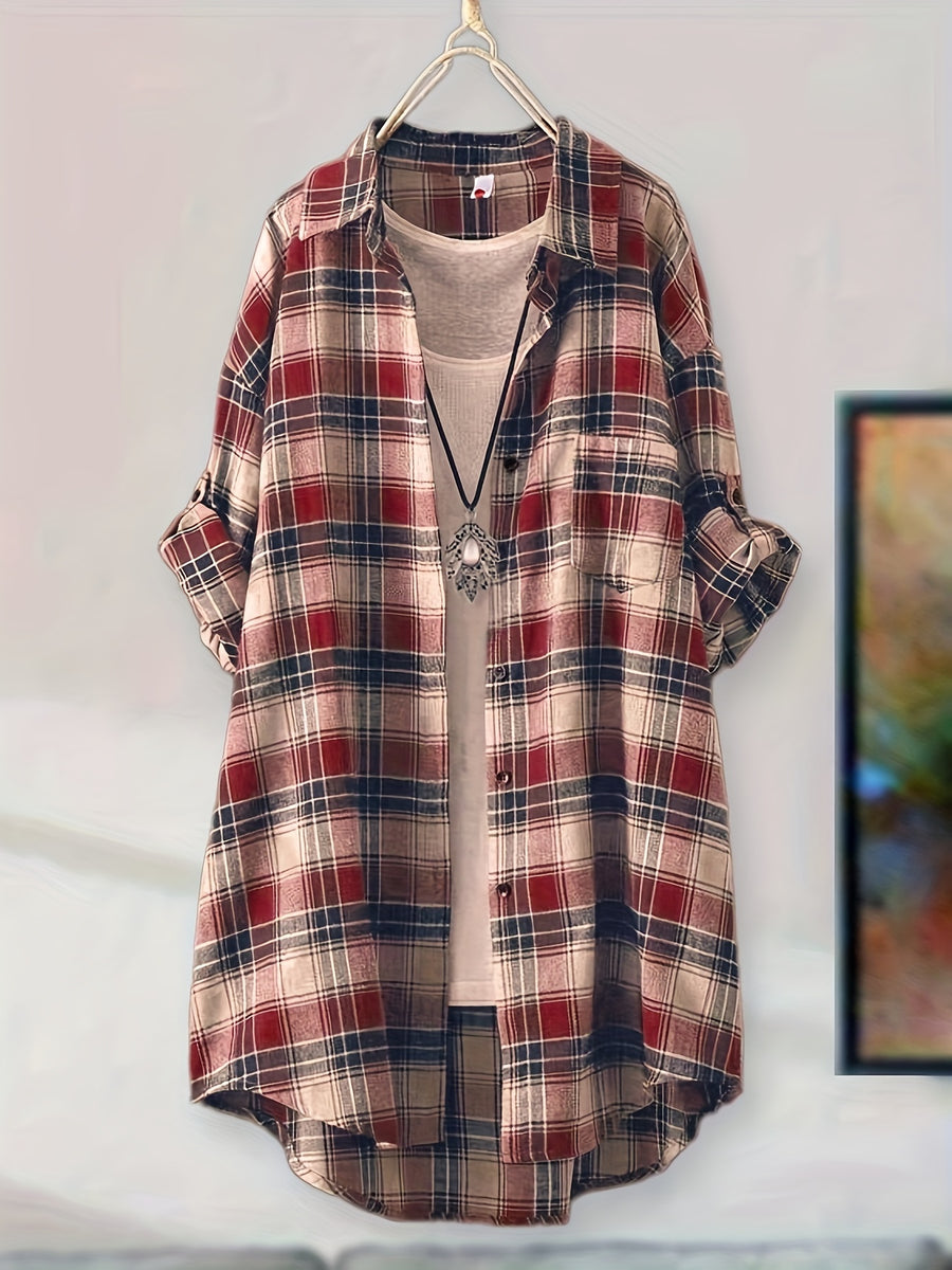 Mid-length Loose-fit Casual Plaid Shirt - Mixed colors