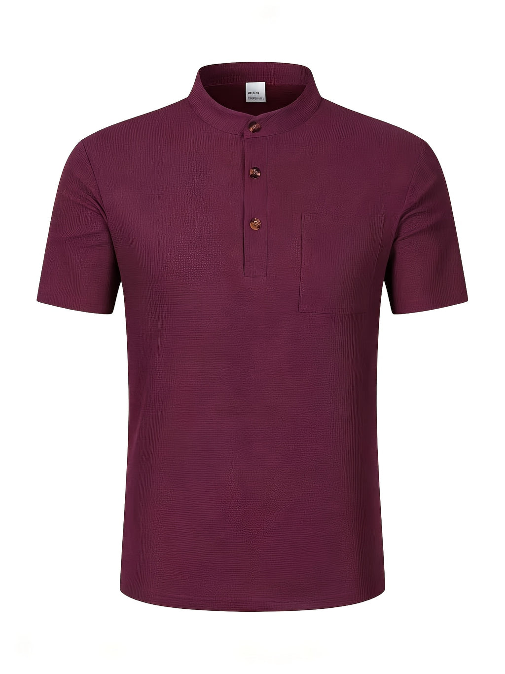 Men's Solid Color Patchwork T-Shirt, Simple and Elegant with a Vintage Button Design, Comfortable to Wear. Suitable for Spring, Summer, Home, Outings, and Travel Occasions, Showcasing a New Casual and Business Style - Burgundy