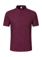 Men's Solid Color Patchwork T-Shirt, Simple and Elegant with a Vintage Button Design, Comfortable to Wear. Suitable for Spring, Summer, Home, Outings, and Travel Occasions, Showcasing a New Casual and Business Style - Burgundy