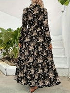 Middle Eastern Floral Print Temperament Fashion Over-The-Knee, Women'S Dress Long-Sleeved Long Skirt Loose Casual Style - Black