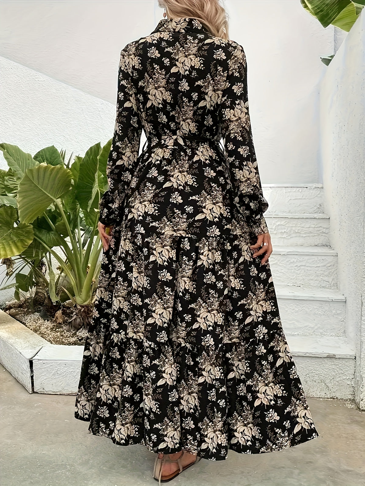 Middle Eastern Floral Print Temperament Fashion Over-The-Knee, Women'S Dress Long-Sleeved Long Skirt Loose Casual Style - Black
