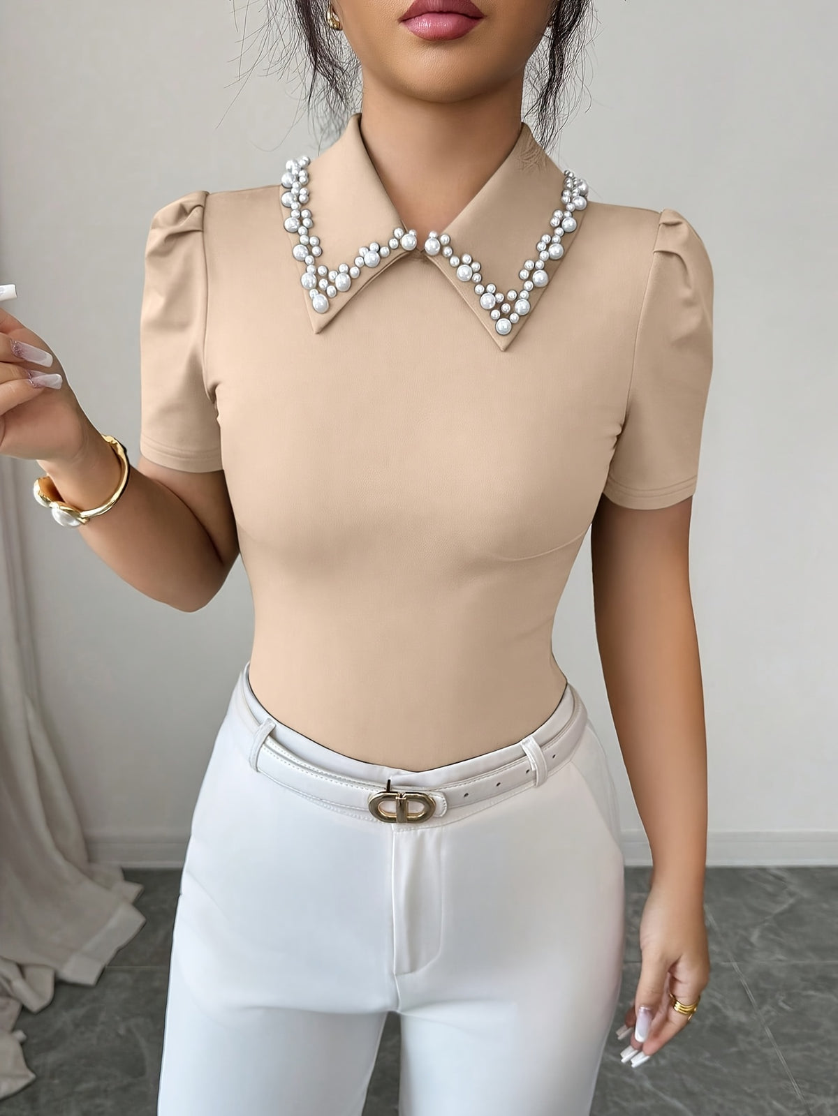 Women'S Fashion Spring/Summer Style Date Socialite Style Neckline Faux Pearl Embellished T-Shirt Slim Fit Puff Sleeve Lapel Short Sleeve Elegant And Short Top - Khaki