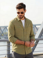 Men's Solid-color Work Shirt with Double Pockets, Lapel Long-sleeve Button-up Shirt, Loose Plus-size Casual Jacket Shirt, Loose-fit Basic Daily Top for Daily Wear and Outdoor Activities - Olive Green