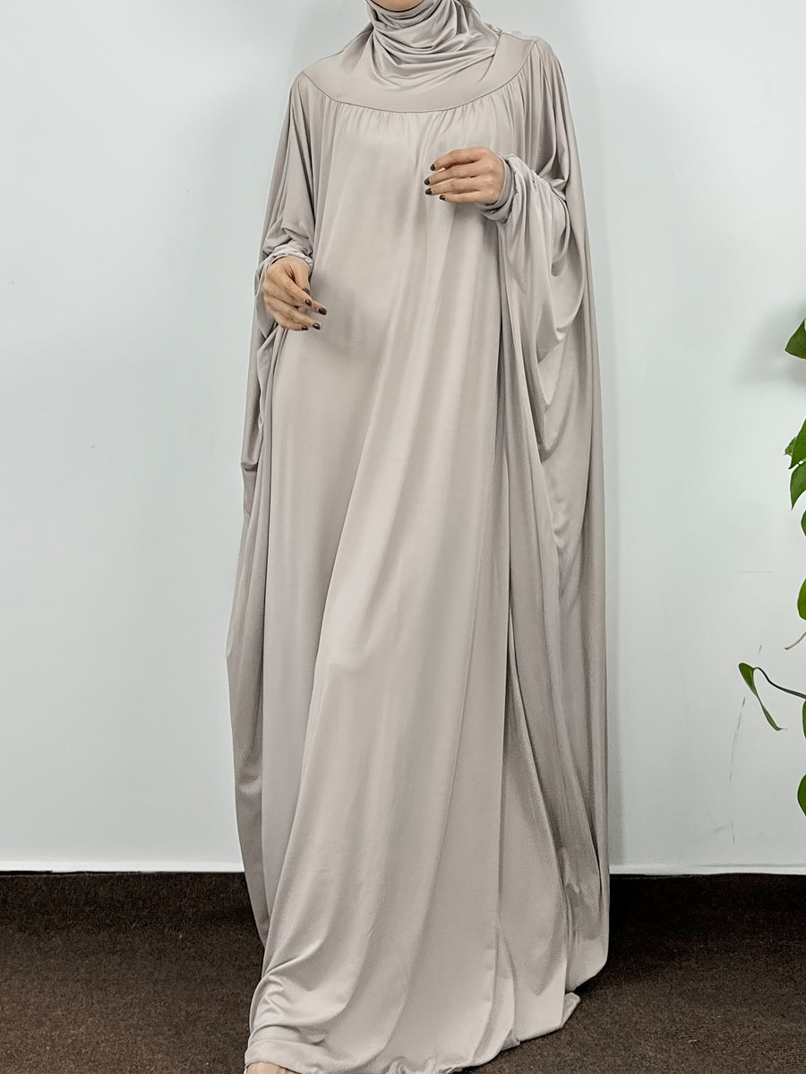 Muslim Smocking Sleeve One-Piece Prayer Robe Hooded Islamic Dubai Saudi Robes Turkish Modesty - Grey