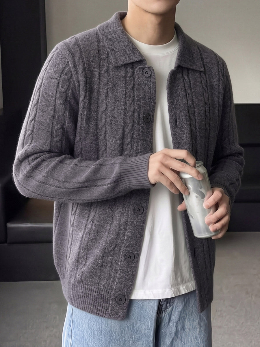 Autumn Winter Men'S Button-Up Sweater, Lapel Sweater Jacket, Solid Color Twisted Rope Cable Pattern, Casual Retro Style, Comfortable Soft Fabric, Men'S Outerwear, Men'S Sweater, Knit - Dark Gray