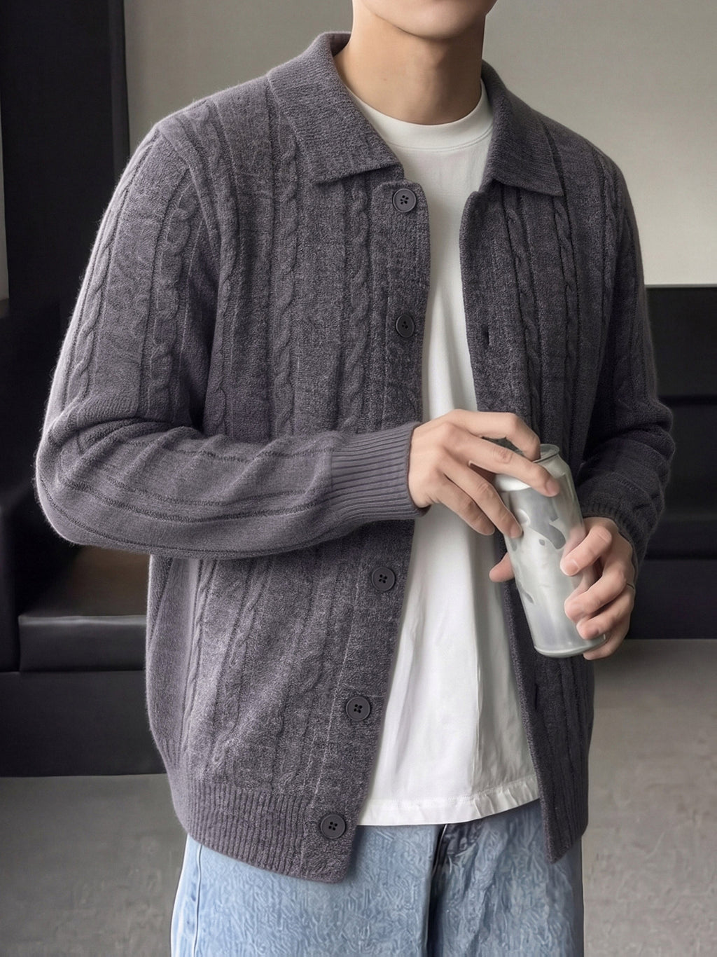 Autumn Winter Men'S Button-Up Sweater, Lapel Sweater Jacket, Solid Color Twisted Rope Cable Pattern, Casual Retro Style, Comfortable Soft Fabric, Men'S Outerwear, Men'S Sweater, Knit - Dark Gray