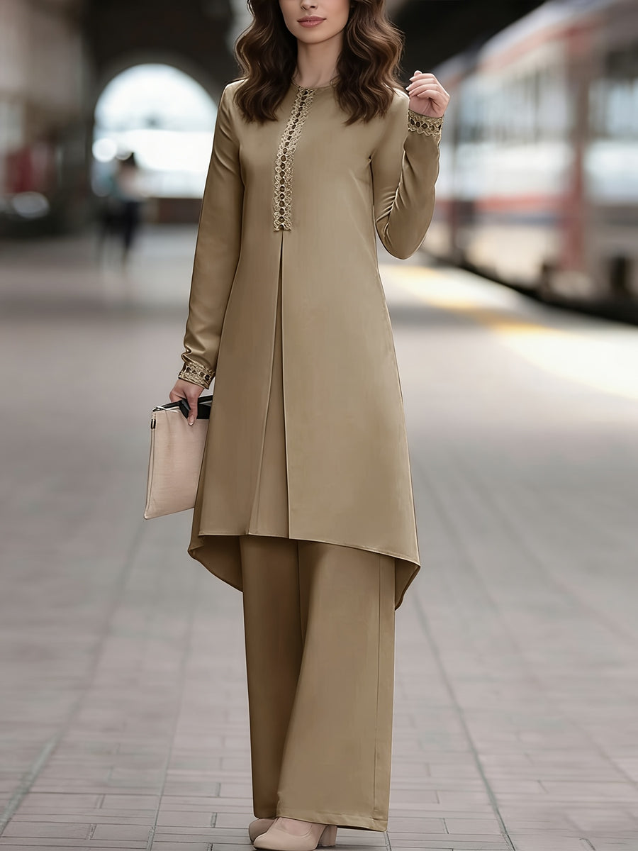 Ramadan Elegant Ladies Set Abaya Dress And Pants Solid Color Round Neck Embroidered Chest And Sleeve Applique Top Elastic Waist Long Pants Commute Casual Two-Piece Set - Khaki