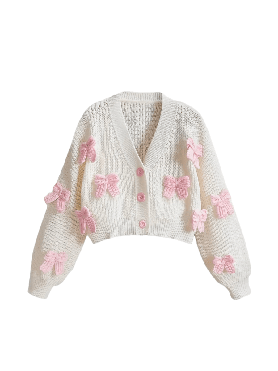 Kawaii Women's Pink 3D Bow Accent Cardigan, Cute Girly Look - White