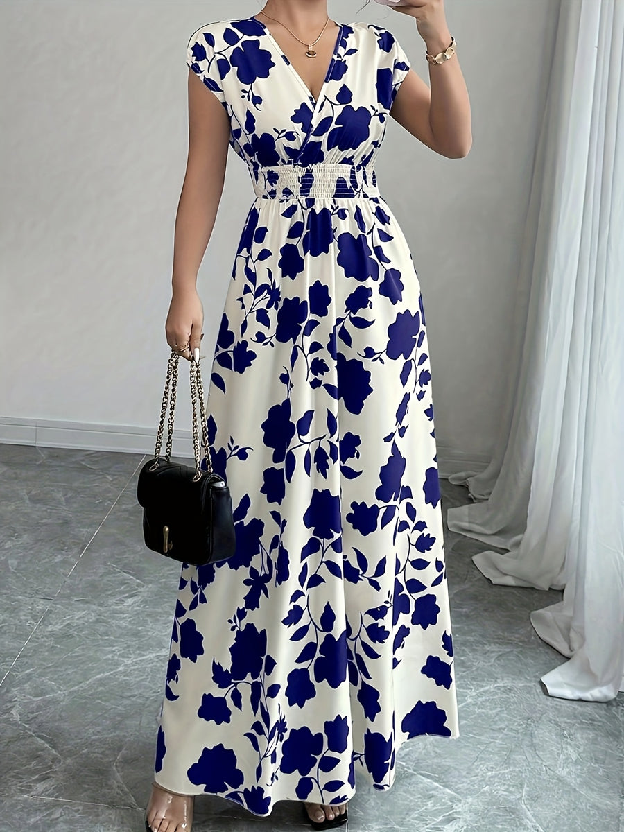 Elegant Pink Floral Maxi Dress with V-Neck and Short Sleeves - Flowing A-Line Silhouette, Cinched Waist, Perfect for Spring/Fall, Casual to Formal Wear, Casual Elegant Wear | Floral Print Dress | Cinched Waist Design - Blue