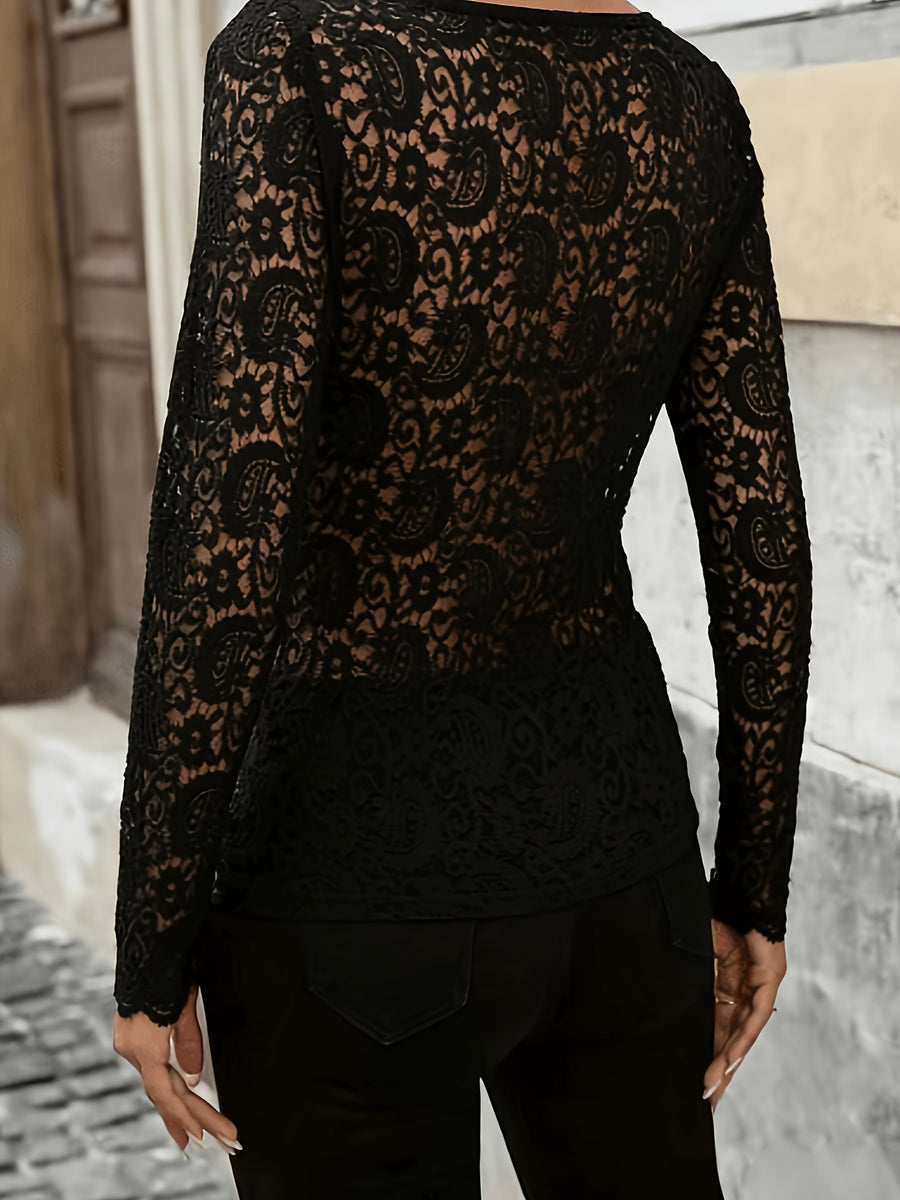 Elegant Lace Trim Long Sleeve T-Shirt - Black
