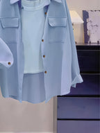 Women'S Purple Button-Front Shirt Collar Blouse, Long Sleeve Regular Fit Fabric Top, Suitable for Casual Wear - Light Washed Blue