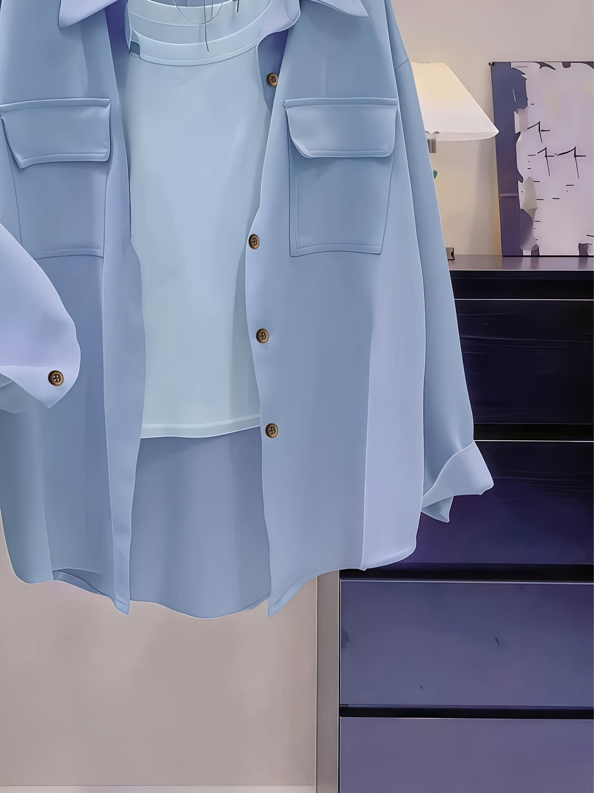 Women'S Purple Button-Front Shirt Collar Blouse, Long Sleeve Regular Fit Fabric Top, Suitable for Casual Wear - Light Washed Blue