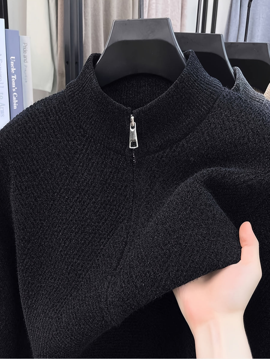 New Spring/Autumn Men's Solid Color Long-Sleeve Knit Sweater for Urban Mature Men's Casual Outdoor Fashion - Black