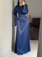 Women'S Elegant Temperament Long Back-Tie Long Sleeve Dress - Navy Color