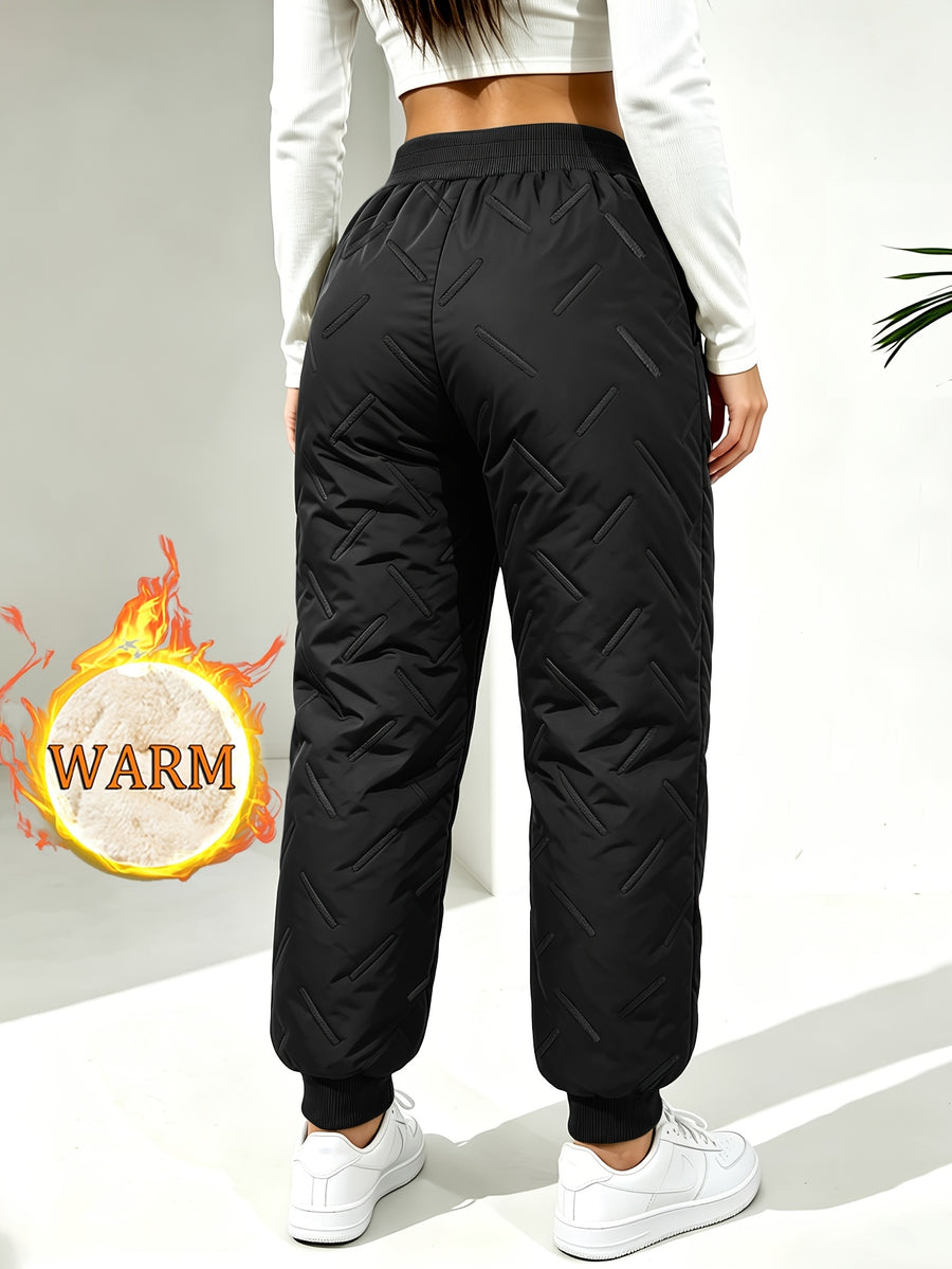 Hidkat Women's Winter Thermal Trousers - -Lined Thickened Pants with Soundwave Technology Embossed Fabric, Zipper Pockets & Adjustable Waist, Cuffed Tapered Trousers Suitable for Outdoor Casual Wear, Gift Exchange (Hand Washable) - Black